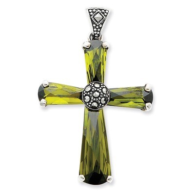 Green CZ &amp; Marcasite Cross Pendant Sterling Silver QC5286