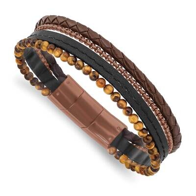 Brown Ip with Tiger&#39;s Eye Leather with .5 Inch Extender Bracelet Stainless Steel Polished SRB2968-8…