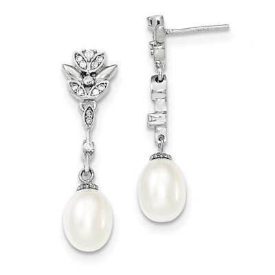 8-9mm White Cultured Freshwater Pearl CZ Diamond Post Dangle Earrings Sterling Silver Rhodium-plate…