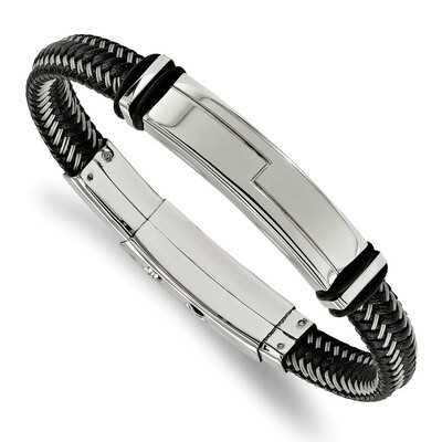 Black Leather with Rubber Adj 8.25 Inch to 8.75 Inch ID Bracelet Stainless Steel Polished SRB1951 b…