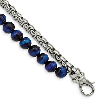Box Chain &amp; Blue Tiger&#39;s Eye 2 Strand 8.5 Inch Bracel Stainless Steel Polished SRB2771-8.5, MPN: SR…