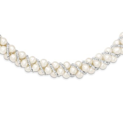 6-7mm Cultured Freshwater Pearl &amp; Crystal Bead Twisted Necklace 18 Inch Sterling Silver Rhodium QH5…