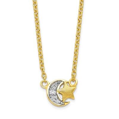 CZ Diamond Satin Star and Polished Moon Necklace 17 Inch Sterling Silver Gold-Tone QG6177-17, MPN: …