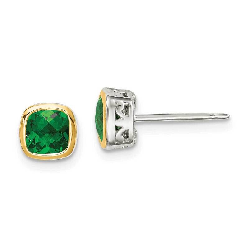 Created Emerald Square Stud Earrings Sterling Silver with 14k Gold Accent QTC1722