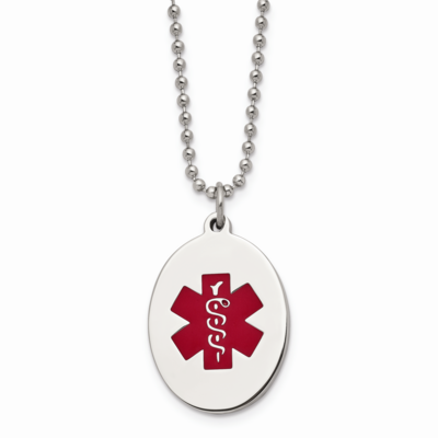 Red Enamel Oval Medical Pendant 22 Inch Necklace Stainless Steel SRN525-22 by Chisel, MPN: SRN525-2…
