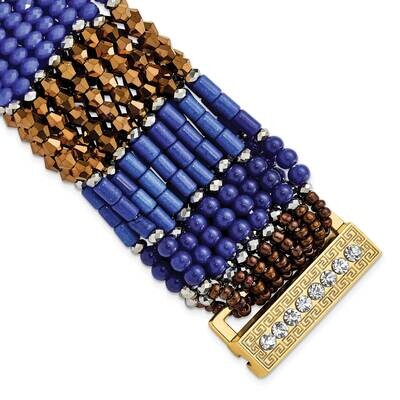 Blue, Bronze and Metallic Beaded Multi Strand CZ and Gold Tone Bracelet 10114