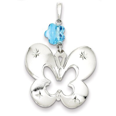 Sterling Silver Polished Diamond-cut Butterfly with Lt Blue Glass Pendant QC7570