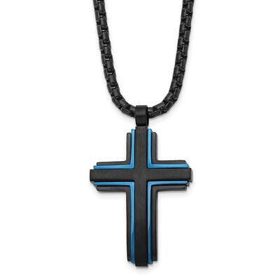 Polished Black/Blue Ip-Plated Cross 24 Inch Necklace Stainless Steel Brushed SRN2842-24 by Chisel, …