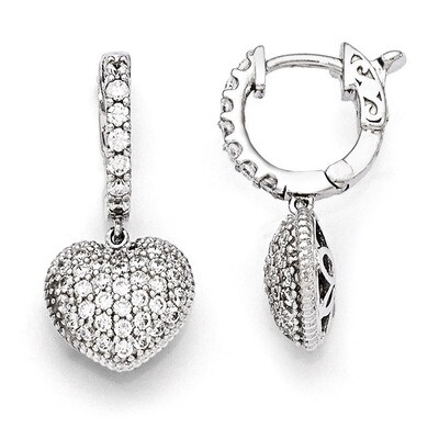 Hinged Hoop Dangle Heart Earrings Sterling Silver Rhodium Plated Cubic Zirconia QE11291, MPN: QE112…
