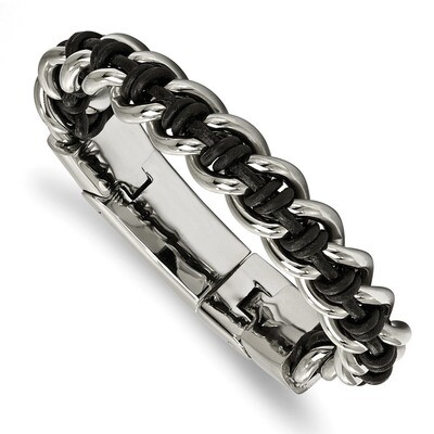 Black Leather 8.5 Inch Bracelet Stainless Steel Polished SRB1991-8.5 by Chisel, MPN: SRB1991-8.5, 1…