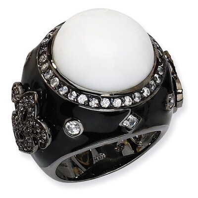 Sterling Silver Enamel Simulated White Agate &amp; Cz Ring Black-plated QCM545-6