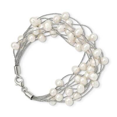 7-8mm White Freshwater Cultured Pearl 10-rows Bracelet Sterling Silver Rhodium Plated QG5083-7.25, …
