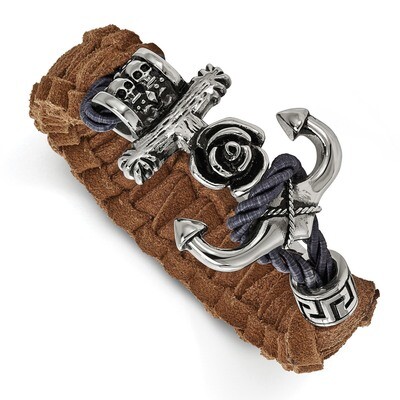 Brown Leather Anchor Toggle Bracelet Stainless Steel Polished Antiqued SRB2059-8.5 by Chisel, MPN: …