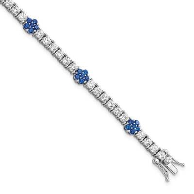 Cr Blue Spinel &amp; CZ Diamond Flower 7 Inch Bracelet Sterling Silver Rhodium-Plated QG5927-7, MPN: QG…