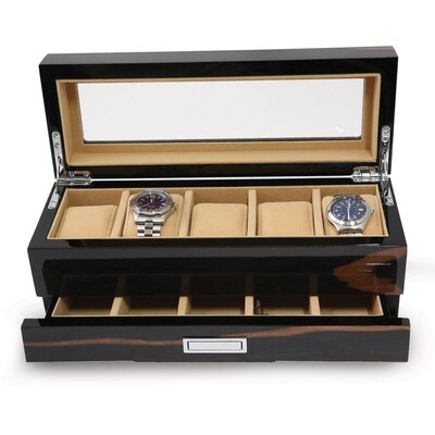 Lacquered Ebony Finish Wood 5 Watch Box with Glass Top &amp; Drawer GM13150, MPN: GM13150, 797140596479