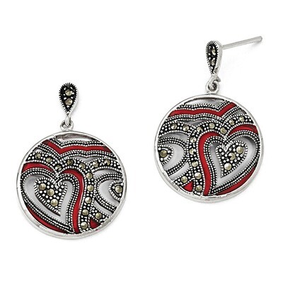 Marcasite &amp; Red Epoxy Heart Dangle Post Earrings Sterling Silver QE11130