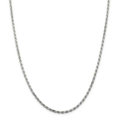 2.5mm Diamond-Cut Rope Chain 36 Inch Sterling Silver Rhodium-Plated QDC055R-36, MPN: QDC055R-36,