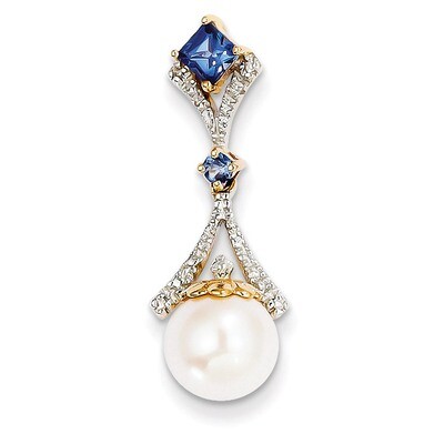 Diamond 8-9mm Round Cultured Pearl Created Sapphire Pendant 14k Gold XP4168, MPN: XP4168, 883957450…