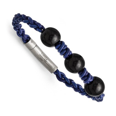Black Agate Bead and Blue Braided Leather Bracelet - Stainless Steel SRB1357 by Chisel, MPN: SRB135…