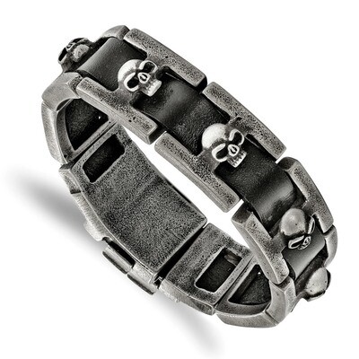 Antiqued Skull Black Leather Bracelet Stainless Steel Brushed SRB2264-9 by Chisel, MPN: SRB2264-9, …