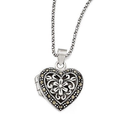 Marcasite Heart Locket withChain Necklace Sterling Silver QG1942-18, MPN: QG1942-18, 191101275593