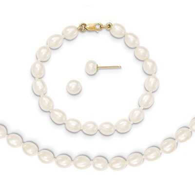 5-6Mm Cultured Pearl White 5 Inch Bracelet 14 Inch Necklace Earring Set 14k Gold XF455SET, MPN: XF4…