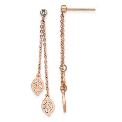 Rose Ip-Plated with Cz Leaf Post Dangle Earrings Stainless Steel Polished SRE1421, MPN: SRE1421, 19…
