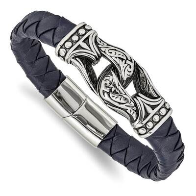 Polished Blue Leather 8.75 Inch Bracelet Stainless Steel Antiqued SRB2450-8.75, MPN: SRB2450-8.75, …