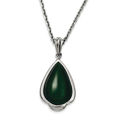 Synthetic Green Cats Eye Teardrop 20 Inch Necklace Stainless Steel SRN1060-20