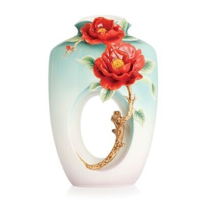 Franz Porcelain Red Camellia Design Sculptured Porcelain Mid Size Vase FZ02677, MPN: FZ02677,
