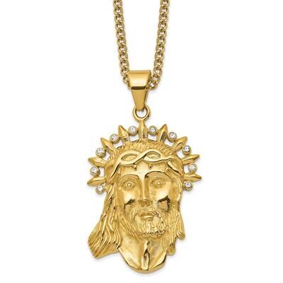24 Inch Polished Yellow Ip-Plated with Crystal Jesus Necklace Stainless Steel SRN2834-24 by Chisel,…