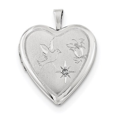 Diamond Diamond-cut Dove &amp; Flower Heart Locket Sterling Silver Rhodium-plated QLS668, MPN: QLS668,