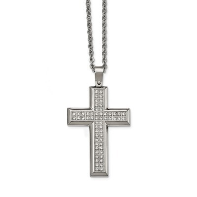 CZ Cross Necklace Stainless Steel Polished SRN2099-24 by Chisel, MPN: SRN2099-24, 191101645259