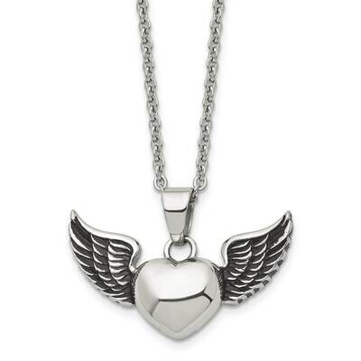 Polished Heart with Wings Necklace Stainless Steel Antiqued SRN1353-18 by Chisel, MPN: SRN1353-18, …