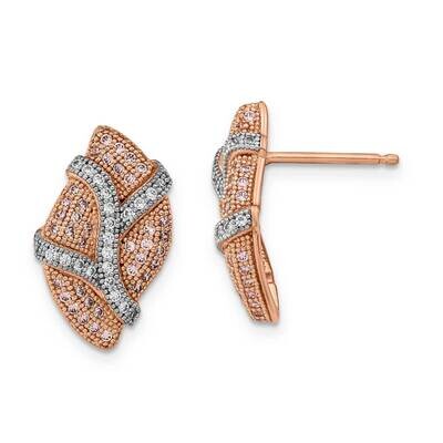 Sterling Silver Rhodium-plated Rose-tone Pink &amp; Clear CZ Leaf Post Earrings QMP1517