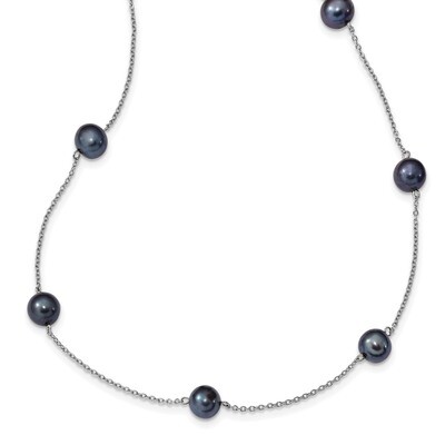 7-8mm Black Cultured Freshwater Pearl 9 Station Necklace 18 Inch Sterling Silver Rhodium-plated QH5…