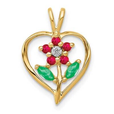 Siam Ruby &amp; Emerald &amp; Diamond Flower in Heart Pendant 14k Gold PM5274-RU-001-YA, MPN: PM5274-RU-001…