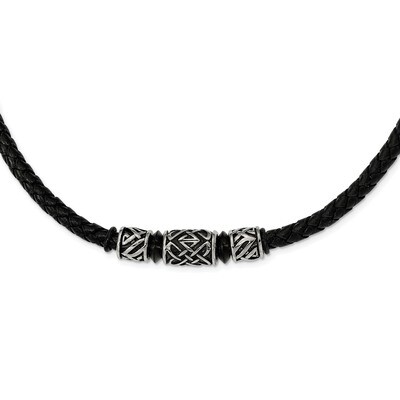 IP black-plated Bead Braided Leather Necklace Antiqued Stainless Steel SRN2532-20 by Chisel, MPN: S…