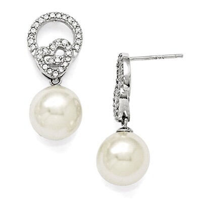10-11Mm White Shell Bead &amp; CZ Dangle Earrings Sterling Silver QMJE107W, MPN: QMJE107W, 886774293615