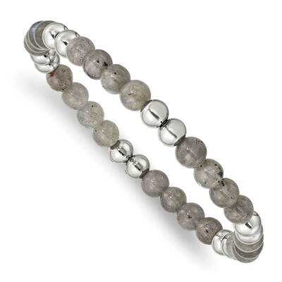 Grey Quartz Beaded Stretch Bracelet Stainless Steel Polished SRB2737, MPN: SRB2737, 191101860171
