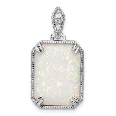 White Created Opal &amp; CZ Diamond Beaded Border Pendant Sterling Silver Rhodium-Plated QP5668, MPN: Q…