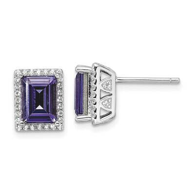 CZ Diamond &amp; Purple Swarovski Crystal Post Earrings Sterling Silver Rhodium-Plated QE15750, MPN: QE…