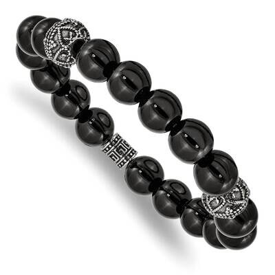 Polished Black Agate Beaded Stretch Bracelet Stainless Steel Antiqued SRB2499, MPN: SRB2499, 191101…