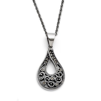 Textured Teardrop Marcasite Necklace Stainless Steel SRN1427-20, MPN: SRN1427-20, 886774262307