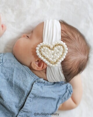 Baby Headband White Pearl Heart Headband Baby Pearl Headband Baby Head wrap Flower Girl Headband Ba…