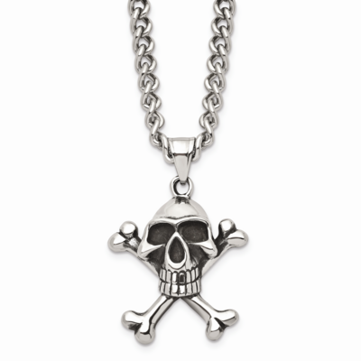 Skull &amp; Crossbones Pendant 24 Inch Necklace Stainless Steel Antiqued SRN800-24 by Chisel, MPN: SRN8…