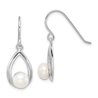 6-7mm White Button Freshwater Cultured Pearl Dangle Earrings Sterling Silver Rhodium Plated QE15357…