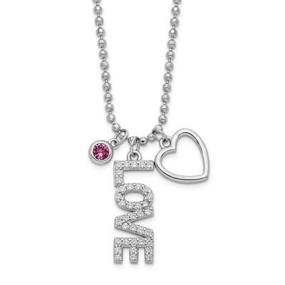 CZ Diamond and Heart Diamond-Cut Bead Chain Necklace 18 Inch Sterling Silver Rhodium-Plated QG6094-…