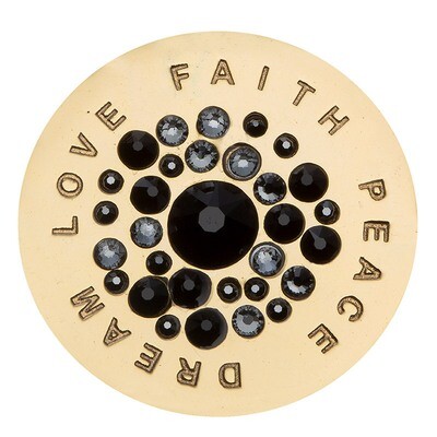 Nikki Lissoni Sparkling Love. Faith. Peace. Dream. with Black Grey Swarovski Crystals Gold-Plated 3…