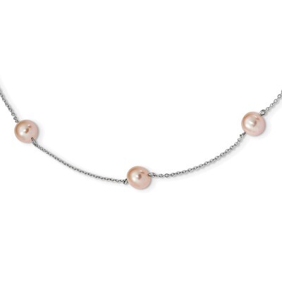 7-8mm Pink Round Cultured Freshwater Pearl 9 Station Necklace 18 Inch Sterling Silver Rhodium-plate…